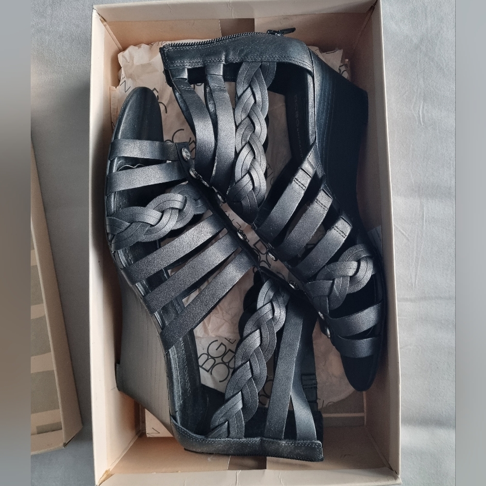 BCBGeneration Black Braided Strap Wedge Sandals